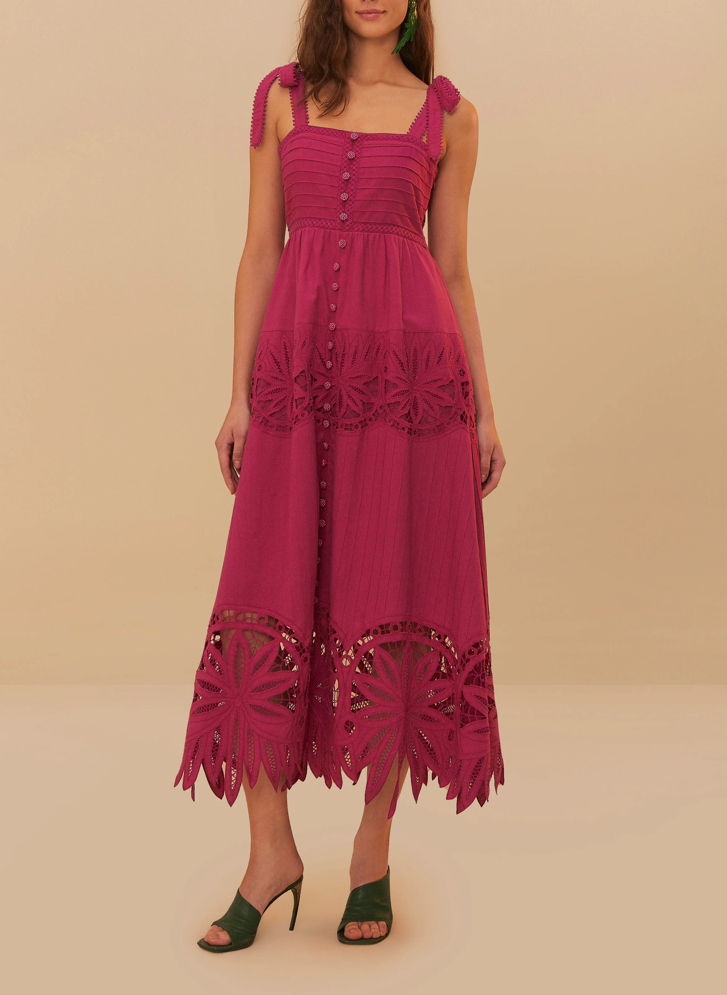 FARM RIO Flared midi lace dress Pink