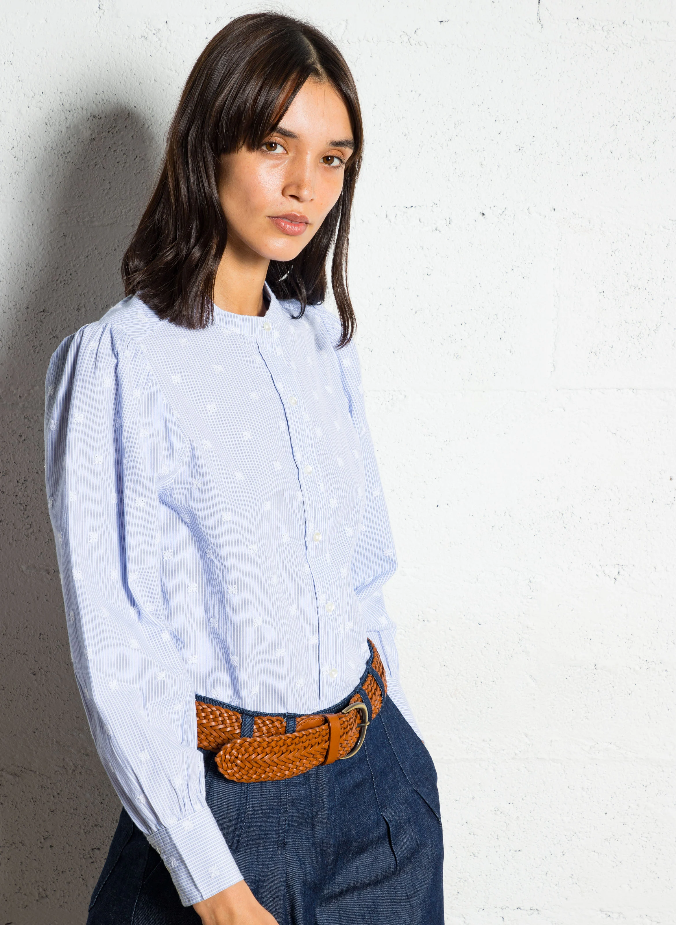 MAISON 123 Straight shirt in striped embroidered cotton PENSEE Blue 1 MAISON 123 Straight shirt in striped embroidered cotton PENSEE Blue