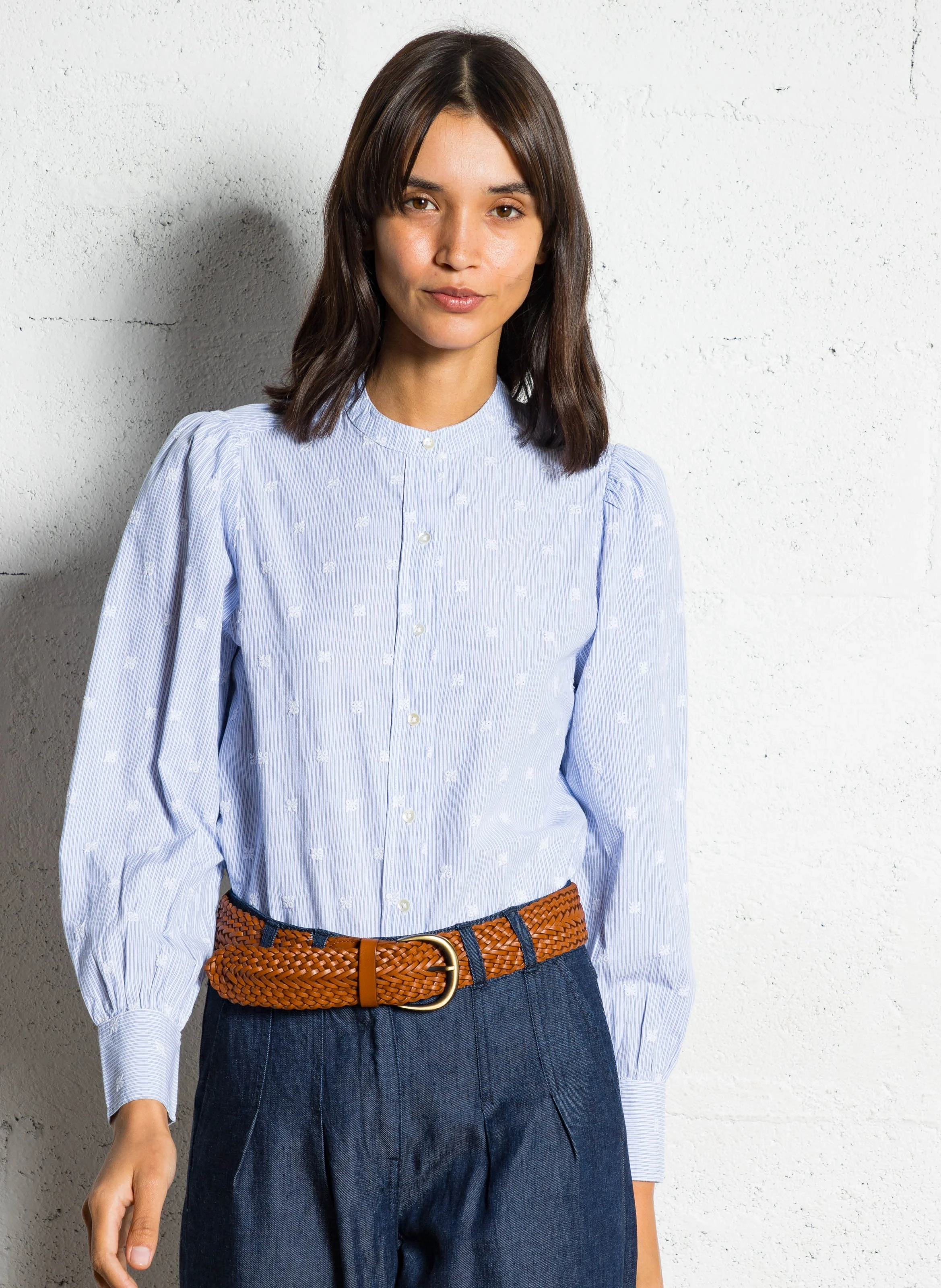 MAISON 123 Straight shirt in striped embroidered cotton PENSEE Blue 5 MAISON 123 Straight shirt in striped embroidered cotton PENSEE Blue