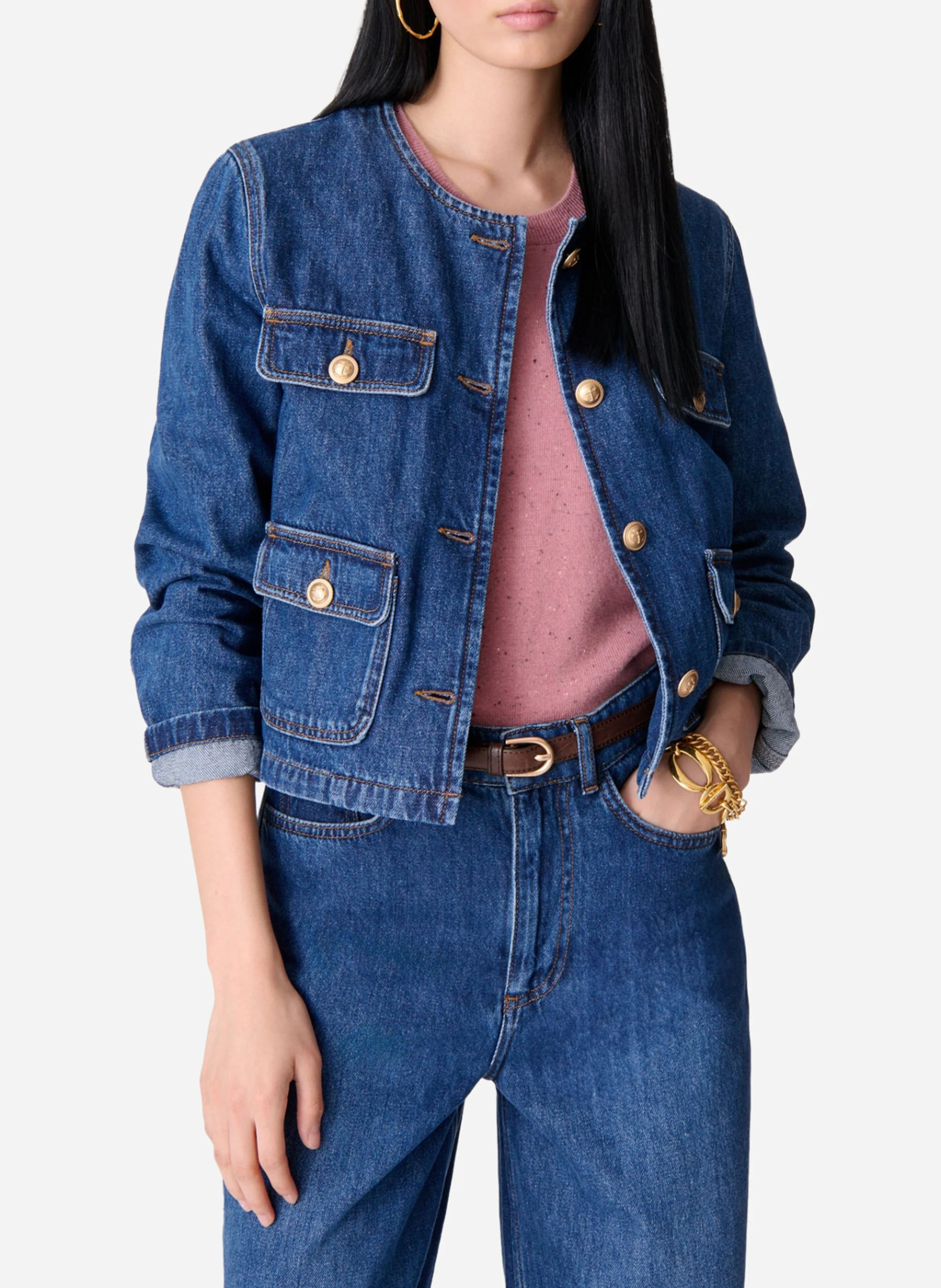 VANESSA BRUNO Cropped denim jacket with decorative buttons DEANA Blue 1 VANESSA BRUNO Cropped denim jacket with decorative buttons DEANA Blue