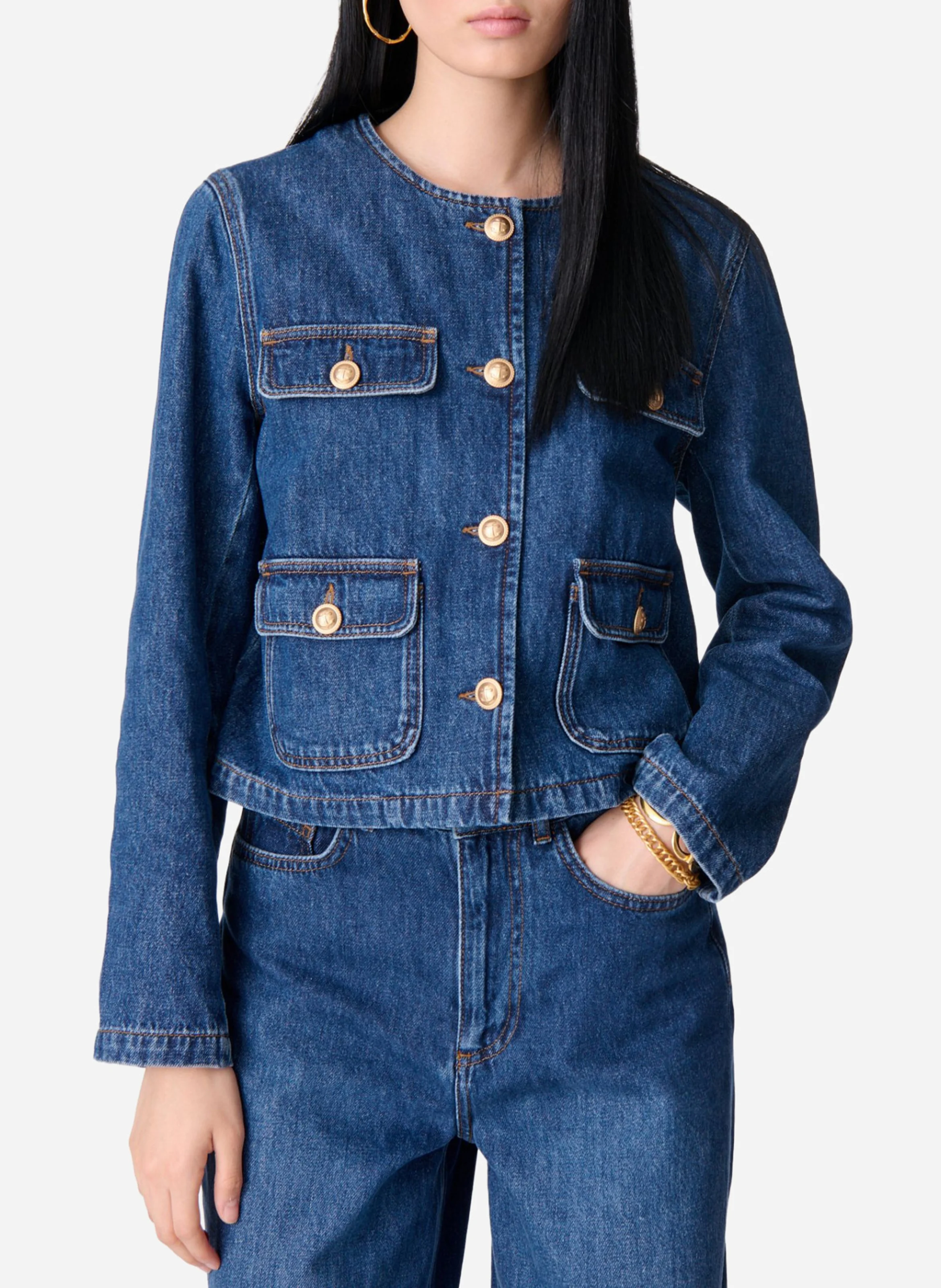 VANESSA BRUNO Cropped denim jacket with decorative buttons DEANA Blue 6 VANESSA BRUNO Cropped denim jacket with decorative buttons DEANA Blue
