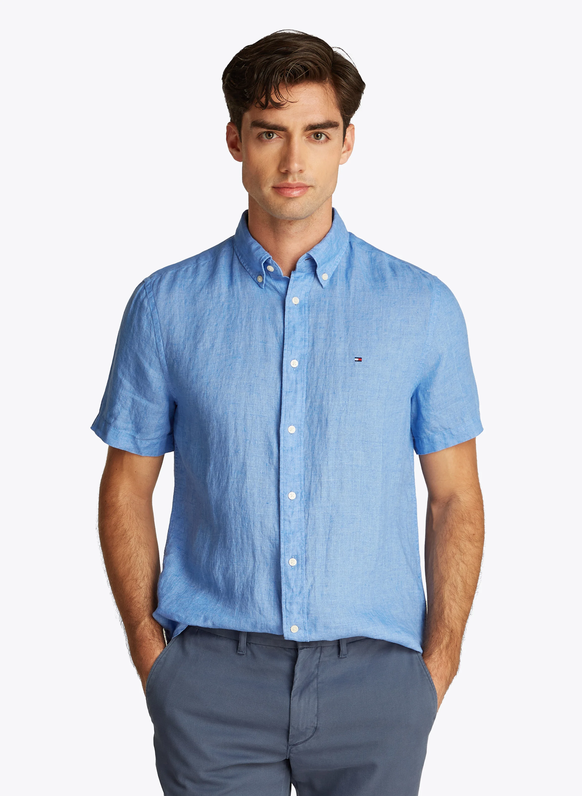 TOMMY HILFIGER Straight linen shirt with classic collar Blue