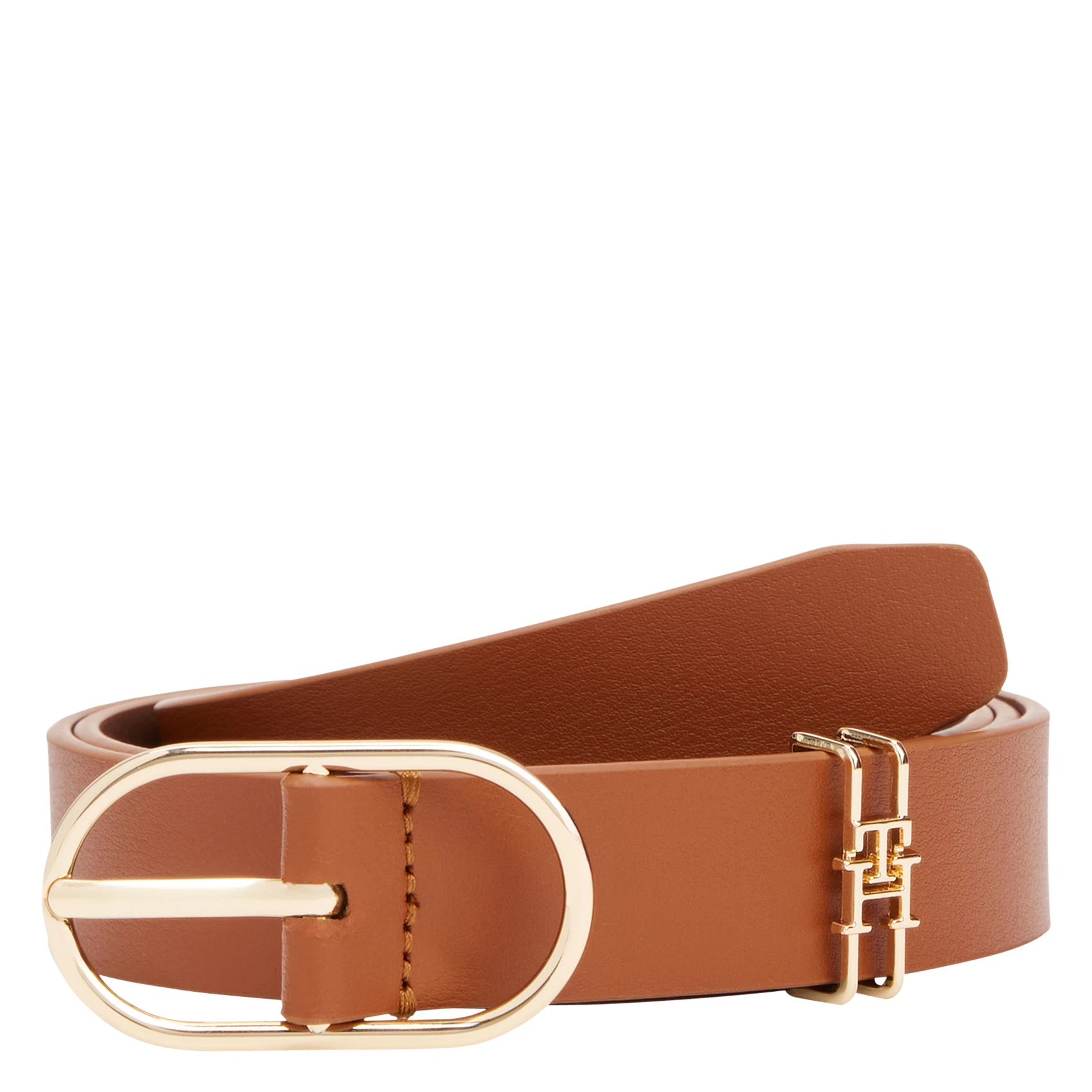 TOMMY HILFIGER Leather belt with oval buckle and monogram Brown
